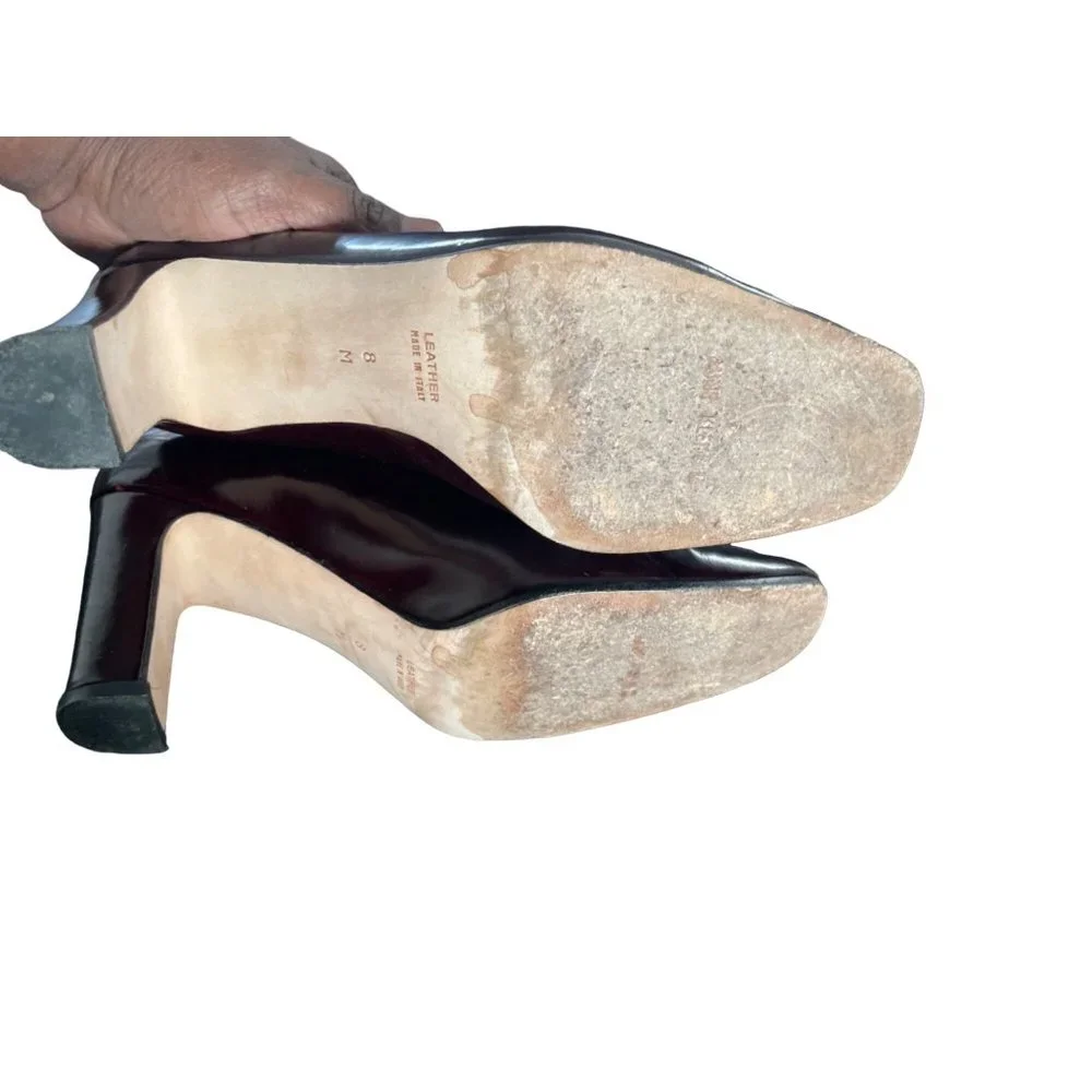 Anne Klein II Leather Heels 8 m Brown ‎ Leather Square Toe White Stitching Italy